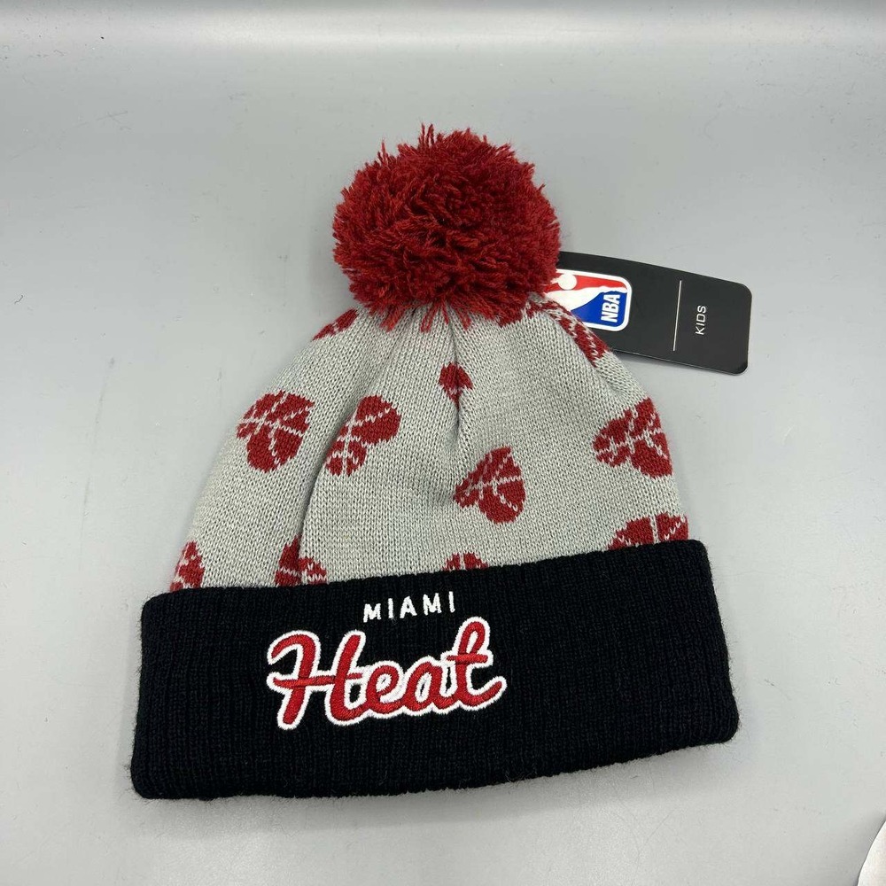 Miami Heat NBA Kids Men Gray Red Black Cuffed Beanie Pom Pom Cap New